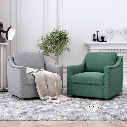 Vista 9 de Olela Silla giratoria para sala de estar, dormitorio, sillón de gran tamaño, moderno barril redondo con brazo en línea de tela (gris)