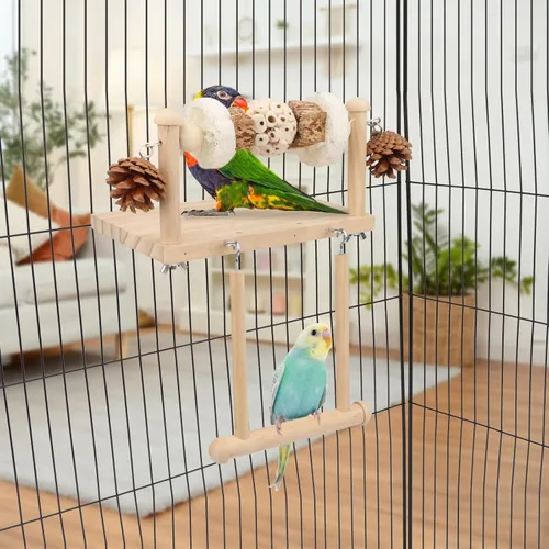 Vista 4 de Litewoo Plataforma de perca de madera para pájaros con juguetes masticables Madera natural, 1 sola bola, para loro/periquito/conure/jaula Sola bola