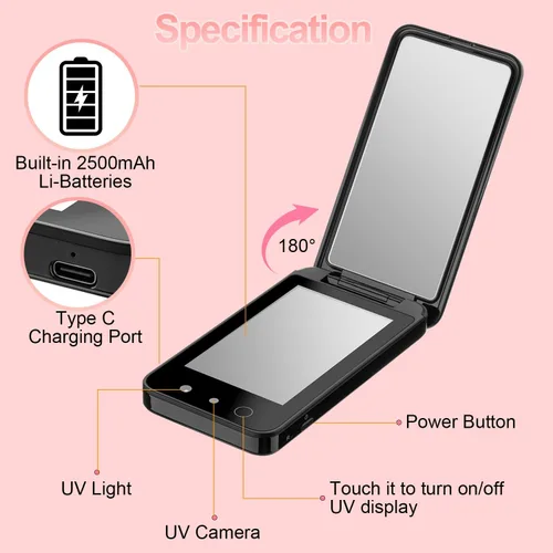 Vista 6 de Vanexiss Cámara ULTRAVIOLETA para la cámara de protección solar del espejo Espejo de maquillaje de viaje compacto recargable Espejo de bolsillo