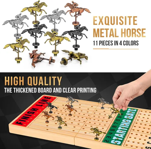 Vista 5 de TooyBing Juego de mesa grande de carreras de caballos de 21 pulgadas, juegos de carreras de caballos con cartas y dados y 11 potrillos de metal