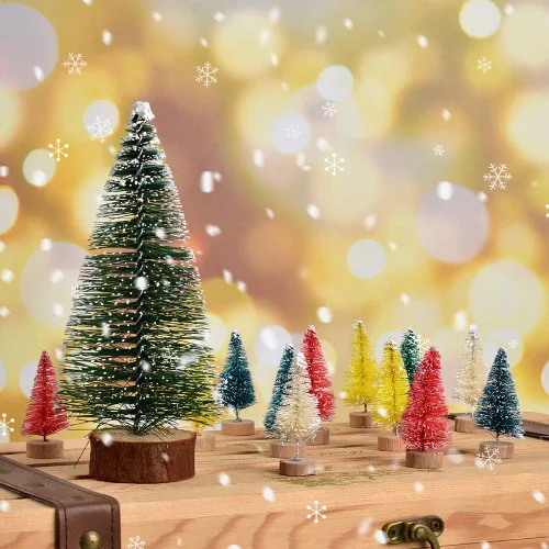 Vista 6 de Mini árbol de Navidad artificial, 24 piezas, multicolor mini cepillo para botellas, árboles helados con base de madera para escenas en miniatura