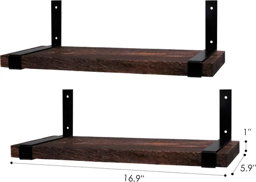 Vista 5 de LAVIEVERT Juego de 2 estantes flotantes montados en la pared, estante de almacenamiento de madera rústica con soporte de metal industrial