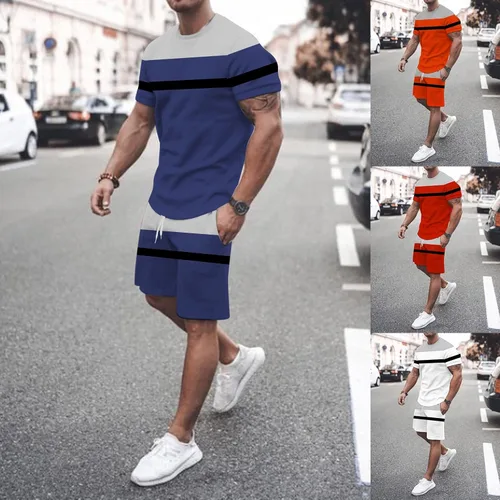 Vista 6 de Mens Two Piece Outfits Sets Lightweight Relaxed-Fit Graphic Short Sleeve Shirts Printed Shorts Breathable Tracksuit