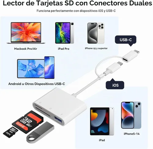 Vista 2 de Lector de Tarjetas SD para iPhone iPad Cámara con USB C, Lector de Tarjetas de Memoria con Ranura Dual Soporta Tarjetas SD/TF Visor de Cámara