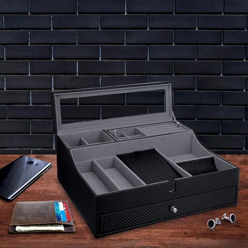 Vista 5 de Bandeja organizadora elegante para hombre para teléfono relojes lentes de sol joyas cartera anillos collar