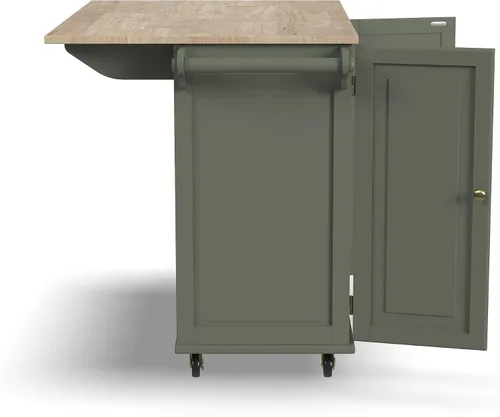 Vista 15 de Homestyles Carrito móvil de isla de cocina con parte superior de madera y barra de desayuno con hoja desplegable, 18" de profundidad x 53.5" de Verde