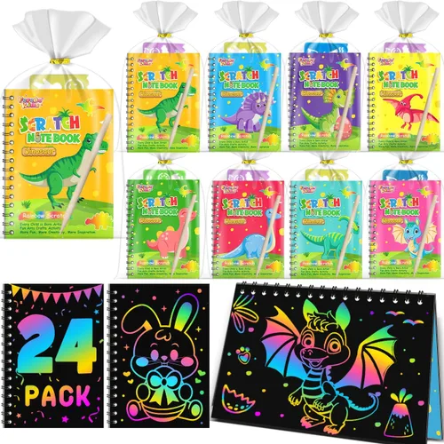 Vista 23 de Recuerdos de fiesta para niños: paquete de 4 cuadernos de arte de rascar arcoíris para estudiantes, regalos a granel para aula para niñas y niños