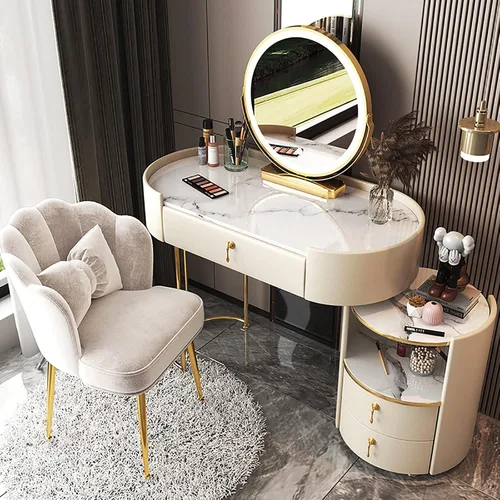 Vista 9 de Tocador para mujer, juego de mesa de maquillaje con 3 cajones, tocador con espejo iluminado y silla, bancos de tocador para ella