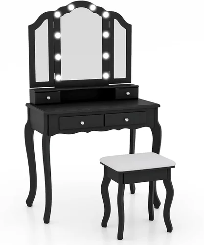 Vista 9 de CHARMAID Escritorio de tocador con luces – Mesa de tocador de maquillaje con espejo de tres pliegues, 10 luces LED Hollywood ajustables, 4 cajones