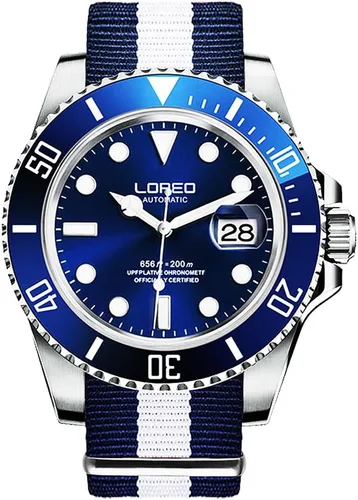 Vista 10 de LOREO Reloj automático de acero inoxidable plateado para hombre, con bisel giratorio, cristal de zafiro, negro