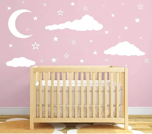 Vista 4 de Calcomanías de pared de vinilo 3D creativas extraíbles con nubes blancas, luna y estrellas, calcomanías de pared para el hogar, decoración de pared