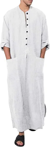 Vista 3 de Jacansi Bata de algodón con botones para hombre, manga larga, caftán, thobe, camisa casual para playa 01-Blanco