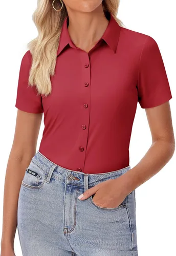 Vista 10 de siliteelon Camisa de vestir con botones para mujer, ajustada, elástica, de manga corta, sin arrugas, sólida, formal, para el trabajo