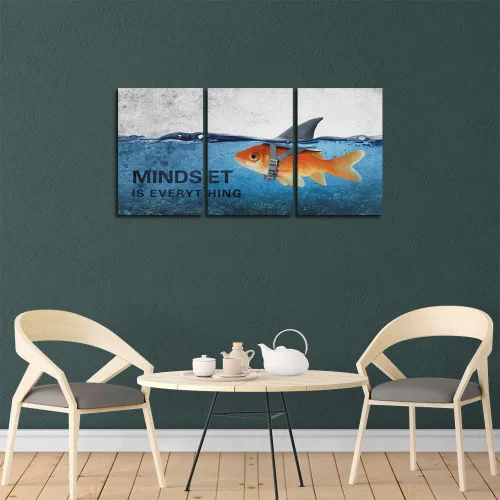 Vista 5 de 3 Paneles de Arte de Pared en Lienzo Inspiracional Enmarcado Moderno Pez Dorado Cuerpo Fuerte Corazón de Tiburón La Mentalidad lo es Todo Carteles