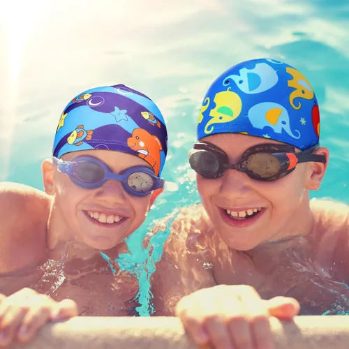 Vista 4 de Geyoga Gorros de natación para niños, 3 piezas, unisex, de poliéster, para piscina, gorra de verano para niños y niñas, pelo largo y corto