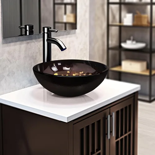 Vista 7 de Fregadero de baño de 12 pulgadas, lavabo de vidrio templado, cuenco redondo con grifo combinado, azul