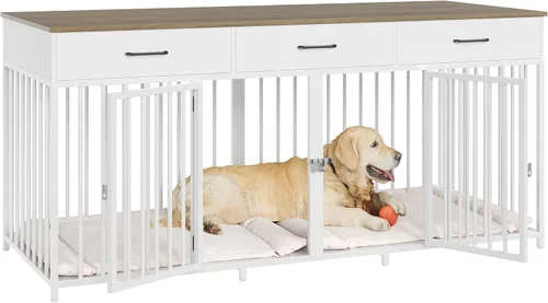 Vista 9 de HOSTACK Muebles de Jaulas Dobles para Perros, Perrera Interior de 71 Pulgadas de Ancho con 3 Cajones, Jaula para Perros Estilo Granja para 2 Perros
