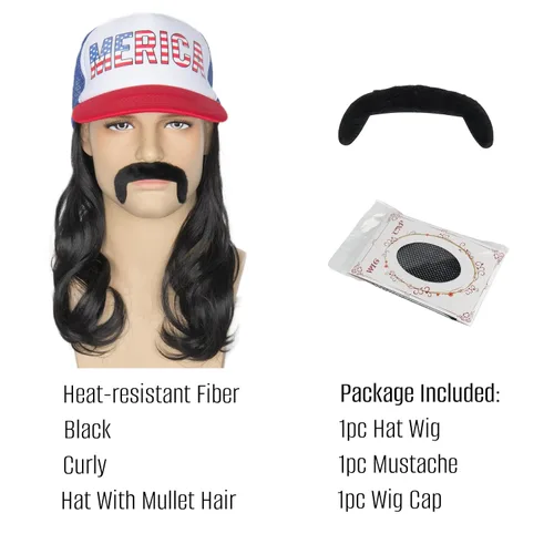 Vista 2 de Yan Dream Peluca de sombrero de salmonete rizado negro con bigote para el 4 de julio, sombrero de disfraz americano con pelo para hombres, fiesta