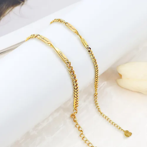 Vista 4 de Juego de pulseras de cadena de infinito personalizadas, grabado con nombre personalizable, longitud ajustable con dije de corazón, a juego con joyas