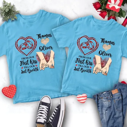 Vista 3 de Camiseta personalizada para pareja amante de él y ella desde nuestro primer beso, anillo de pareja mano en mano, regalos personalizados con nombre