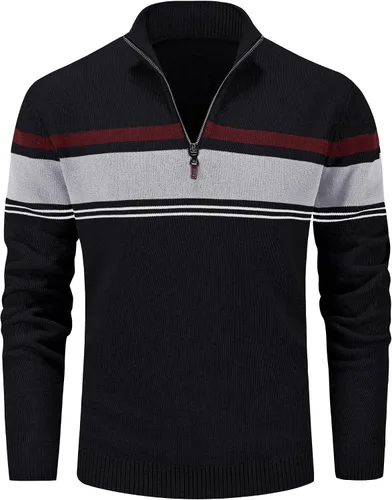 Vista 37 de MAGCOMSEN Suéteres de algodón con cremallera de 1/4 para hombre, suéter tipo polo, a rayas, para otoño e invierno, sudaderas cálidas