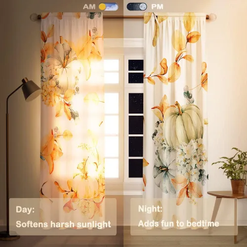 Vista 3 de Funnytree Cortina de ventana con estampado de calabazas de otoño, con estampado de cosecha de Acción de Gracias, decoración del hogar, granja