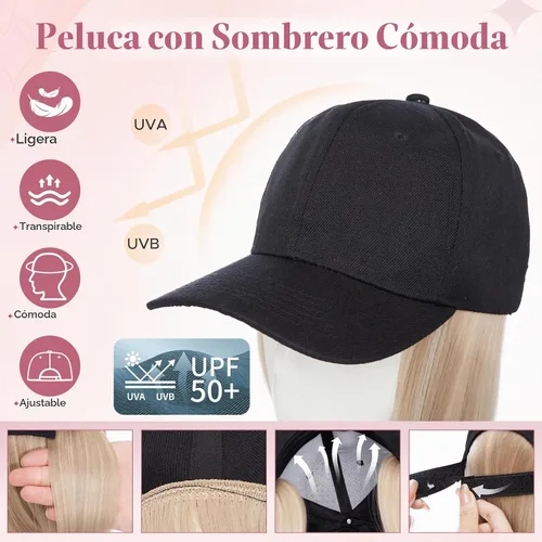 Vista 2 de SEGO - Gorra de béisbol con extensiones de cabello para mujer, resistente al calor, sintético, 6 pulgadas, ajustable, corta, recta, peluca