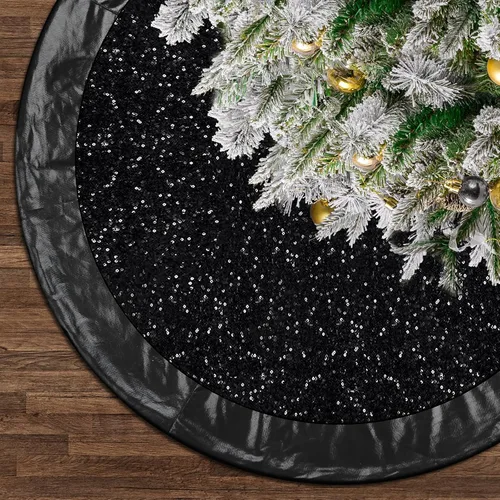 Vista 6 de Falda negra para árbol de Navidad de Halloween de 48 pulgadas, falda de árbol grande con purpurina para árbol de 7.5 pies, falda de árbol