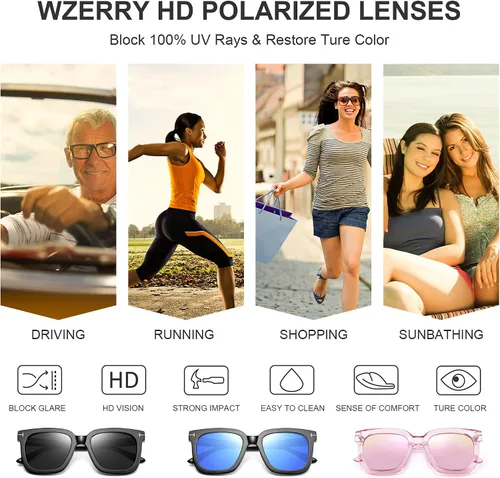 Vista 6 de Wzerry Gafas de sol polarizadas para mujer, gafas de sol clásicas retro con marco cuadrado, protección UV400