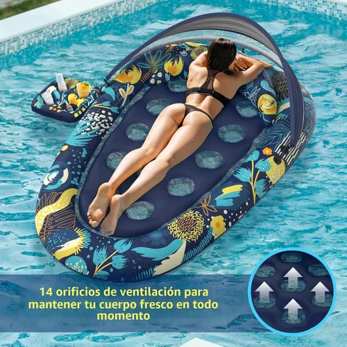 Vista 4 de Sunikko X Flotadores de piscina 3 en 1 con soporte para toldo, flotadores grandes de 73 x 48 pulgadas para adultos, resistente, tumbona inflable
