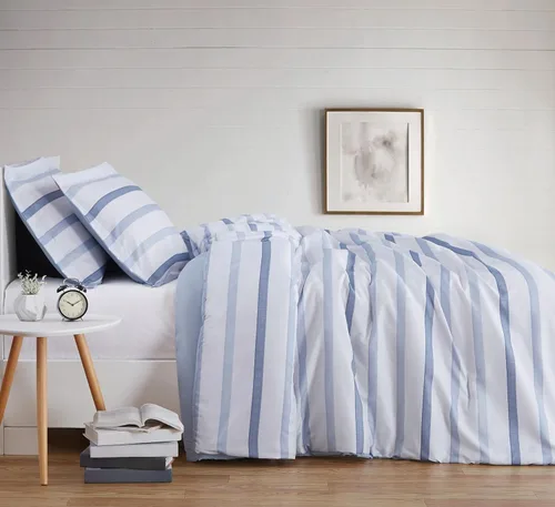 Vista 6 de TRULY SOFT Juego de edredón de 3 piezas de poliéster blanco y azul, diseño de rayas, para hombres y mujeres, certificado Oeko-TEX