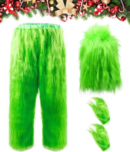 Vista 5 de Disfraz verde de Papá Noel para adultos, 8 piezas, disfraz de Papá Noel para adultos, Halloween, Navidad, disfraz de Papá Noel para hombres