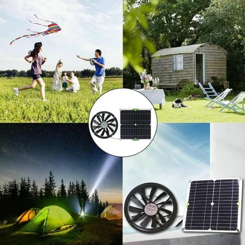Vista 5 de VIGAN Ventilador con panel solar de 100 W, mini ventilador de escape solar de 10 pulgadas para perro, casa de pollo, invernadero, cargador