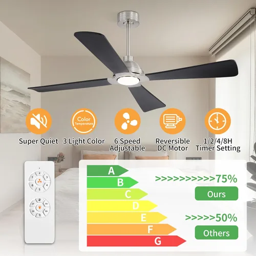 Vista 2 de WINGBO Ventilador de techo CC de 56 pulgadas con luces y control remoto, 4 aspas de madera maciza, 3CCT, motor CC reversible de 6 velocidades