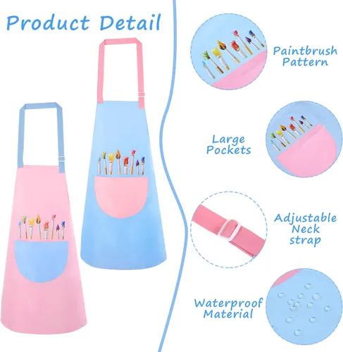 Vista 3 de Paquete de 2 delantales de pintura para niños, impermeables, delantales ajustables para niñas y niños, delantales artísticos con bolsillos