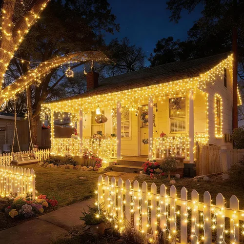 Vista 2 de Guirnalda de 400 luces LED con 75 gotas, de 33 pies, 8 modos de funcionamiento, de alambre transparente para decoración al aire libre, 400 modos