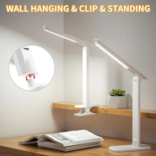 Vista 7 de Lámpara LED de escritorio, lámpara de mesa regulable, lámpara de lectura con clip y base intercambiables, 3 brillos regulables, pequeña lámpara
