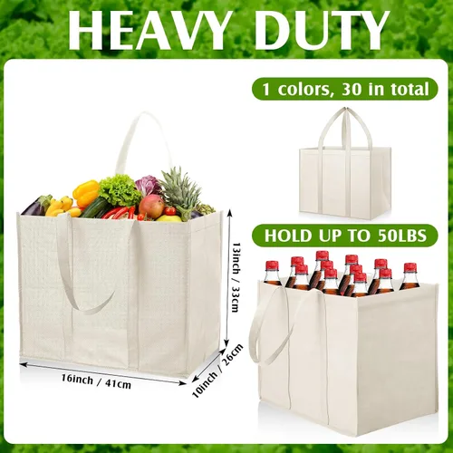 Vista 3 de Hillban Paquete de 30 bolsas de comestibles reutilizables a granel resistentes grandes bolsas de compras lavables plegables con asas