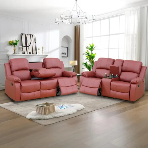 Vista 37 de Juego de Muebles para Sala de Estar, Juego de Sofá Reclinable Manual, Juegos de Sofás Reclinables de Cuero Beige con Mesa Desplegable, Sofá