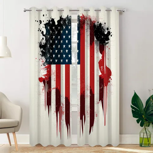 Vista 53 de Batmerry American Flag Ink Dot Blackout Tier Curtains, Red Blue White Stars Abstract Thermal Insulated Half Curtain Rod Pocket Small Valance for