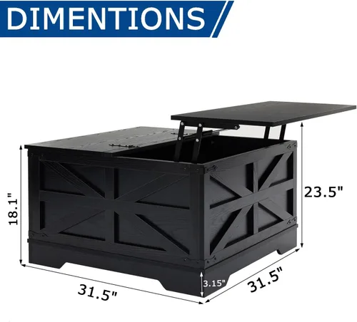 Vista 2 de Mesa de centro negra con almacenamiento, mesa de cóctel con parte superior elevadora con bisagras, mesa central cuadrada de madera con gran