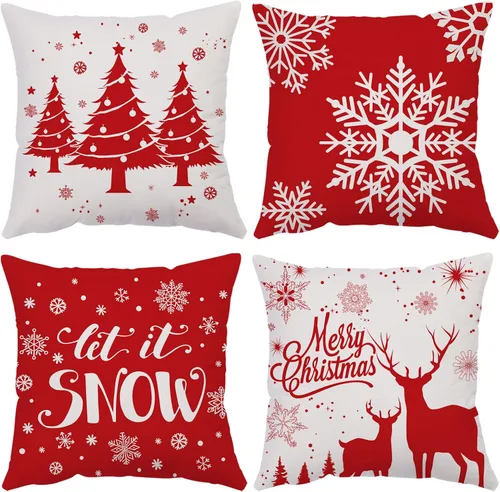 Vista 20 de Juego de 4 fundas de almohada de Navidad de 12 x 12 pulgadas, fundas de almohada de terciopelo de Navidad, fundas de almohada doradas y rojas