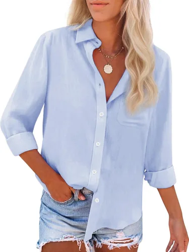 Vista 21 de Camisas de algodón con botones, para mujer, camisas de vestir Oxford, camisas de trabajo de manga larga, blusas con cuello y bolsillo