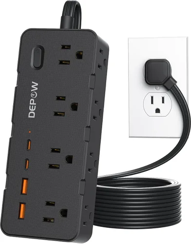 Vista 12 de DEPOW Regleta de alimentación negra de 2 puntas, adaptador de salida de 2 a 3 clavijas con 8 puertos de CA y 4 puertos USB (2 USB C), cable