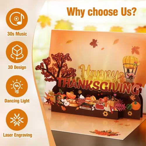 Vista 3 de D4DREAM Tarjeta musical de Acción de Gracias con luz, tarjetas y sobres de Acción de Gracias 3D para adultos, niños, novio, novia, decoración