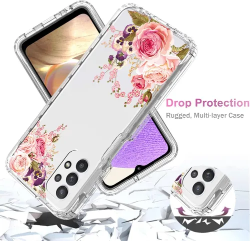 Vista 7 de Funda para Galaxy A32 5G/M32 5G SM-A326 con protector de pantalla de vidrio templado, cuerpo completo, transparente, flexible, con diseño floral
