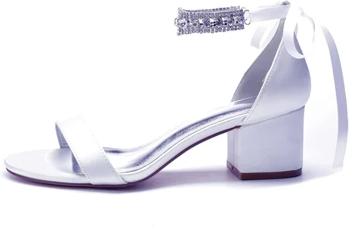 Vista 3 de Zapatos de boda de satén con diamantes de imitación para mujer, zapatos de boda para novia, tacones bajos, cómodos zapatos de novia, tacones