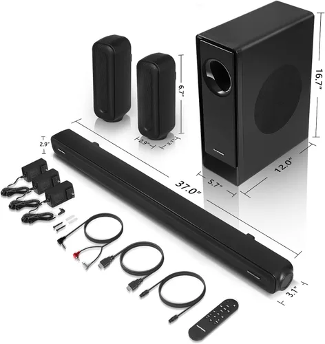Vista 9 de Barra de sonido de 5.1 canales con audio Dolby, barras de sonido para TV, subwoofer inalámbrico y altavoz trasero, Dolby Digital Plus, Bluetooth