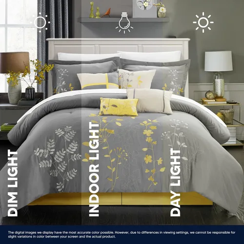 Vista 7 de Chic Home, set de cama de 8 unidades, colcha bordada con diseño floral., Microfibra, Amarillo, King