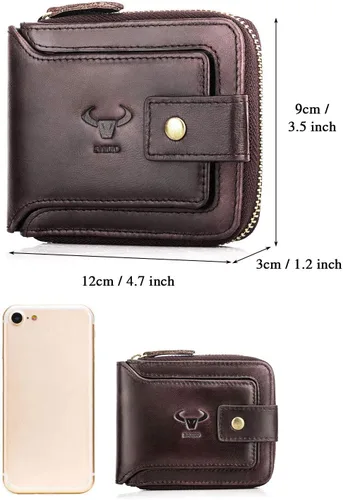 Vista 2 de BAIGIO Billetera de cuero genuino con cremallera alrededor de RFID bloqueo billetera plegable vintage multi tarjetero monedero, Café oscuro, Cartera